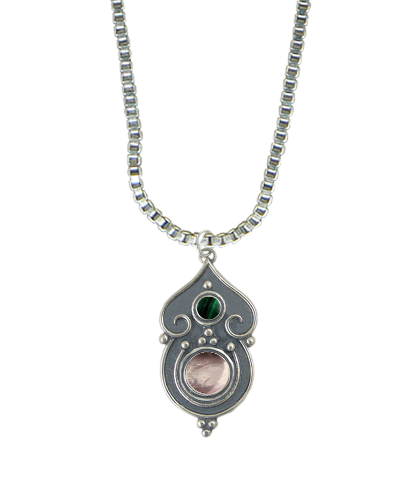 Sterling Silver Necklace Rose Quartz And Malachite